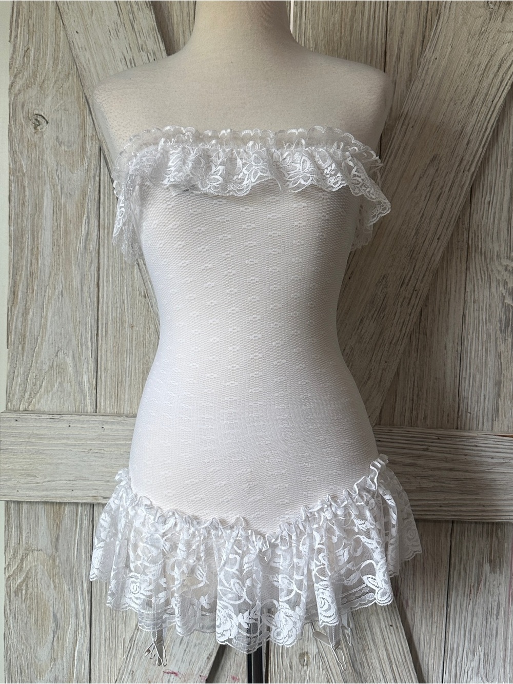 Vintage Strapless Bandeau Sheer Lace Dress w/Garter Straps and Built In Panty
